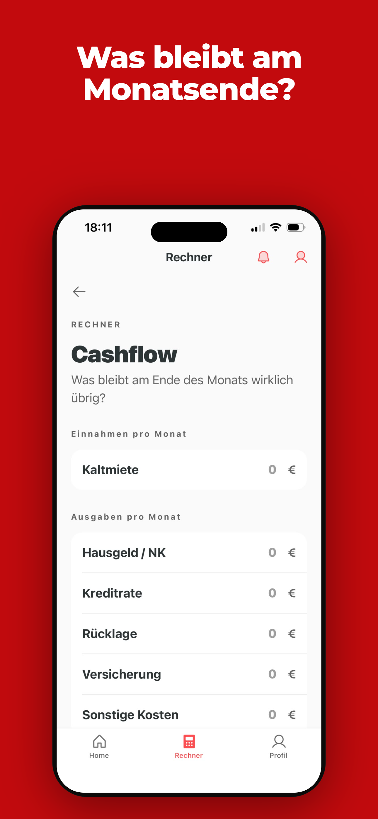 Cashflow-Rechner von vistavo mit dem tatsächlichen monatlichen Überschuss